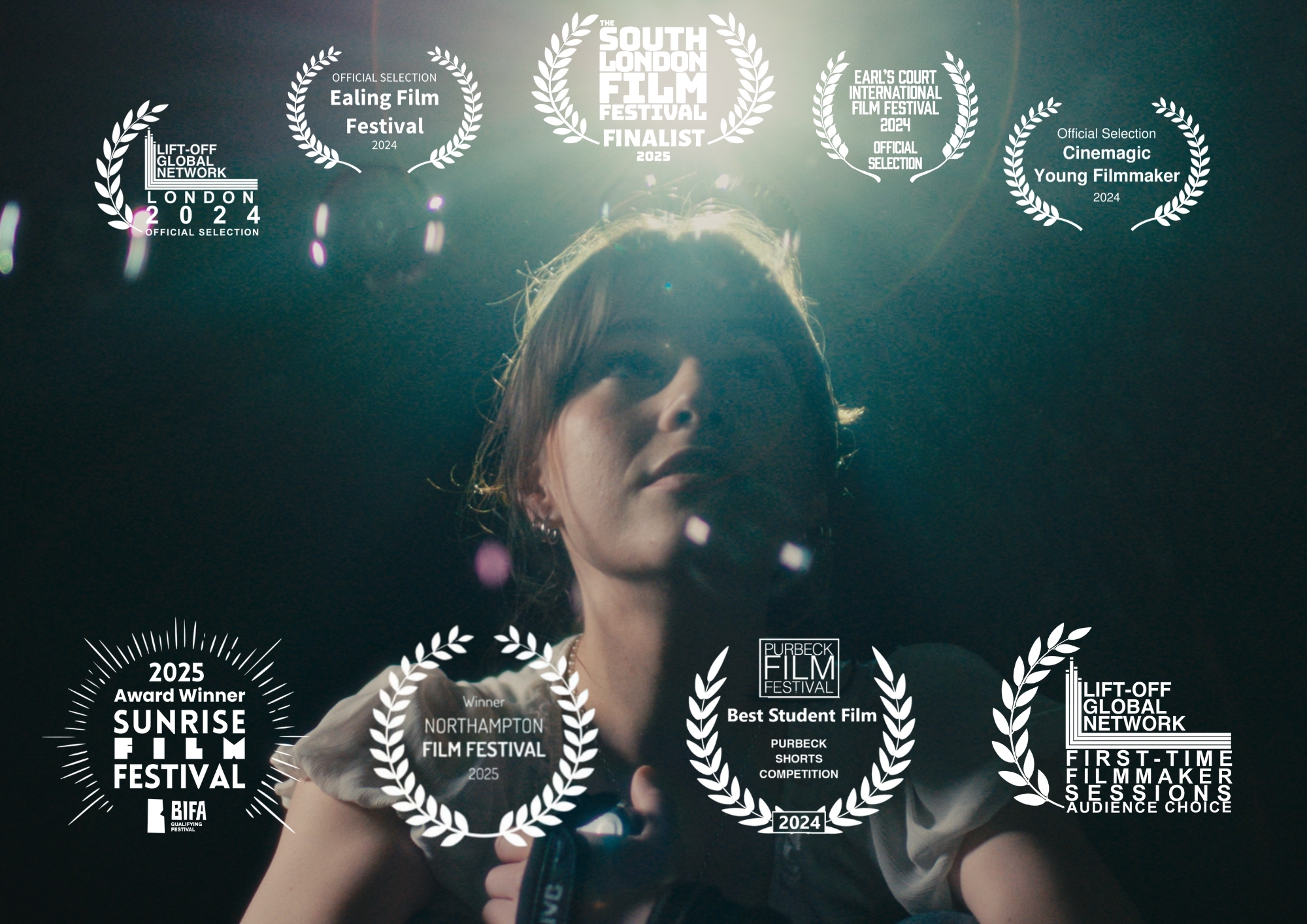Film still from "Time Between Us" (2024) showing a young person with headphones against dark background, surrounded by multiple white film festival laurel wreaths and award logos.