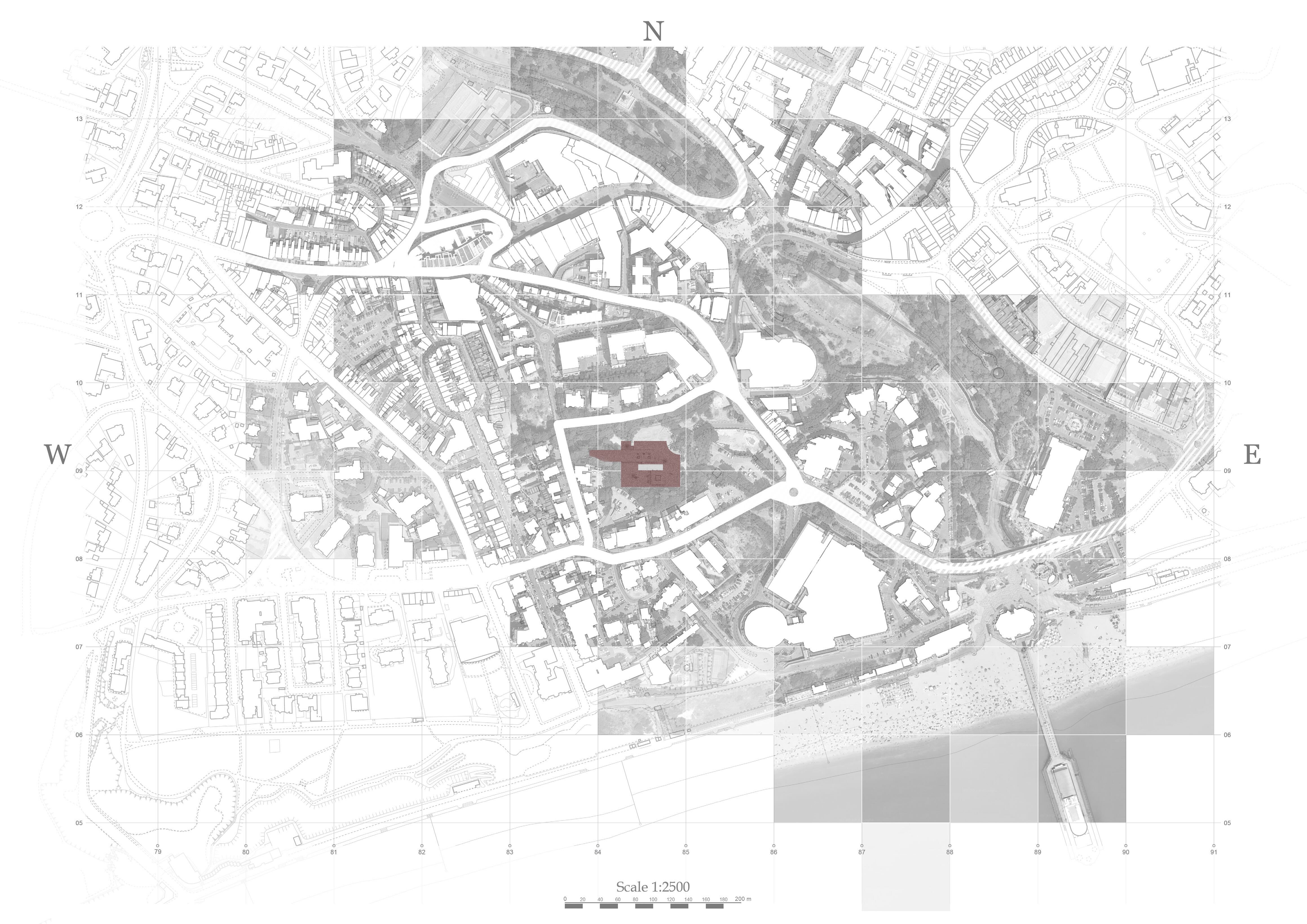 Black and white architectural site plan with compass directions marked N, W, E. Small red rectangular area highlighted in centre amongst building outlines.
