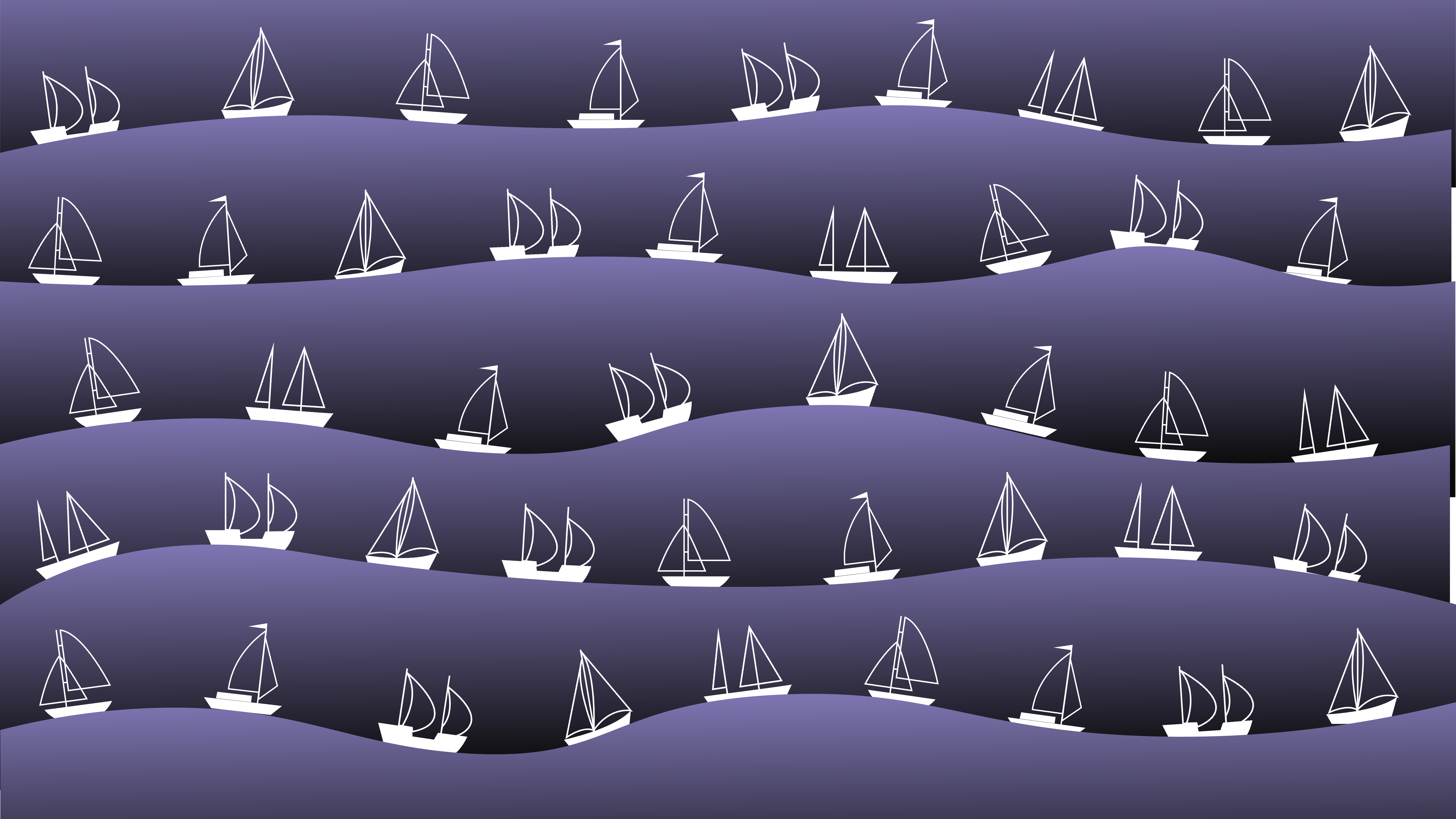 Five rows of boats riding on waves.