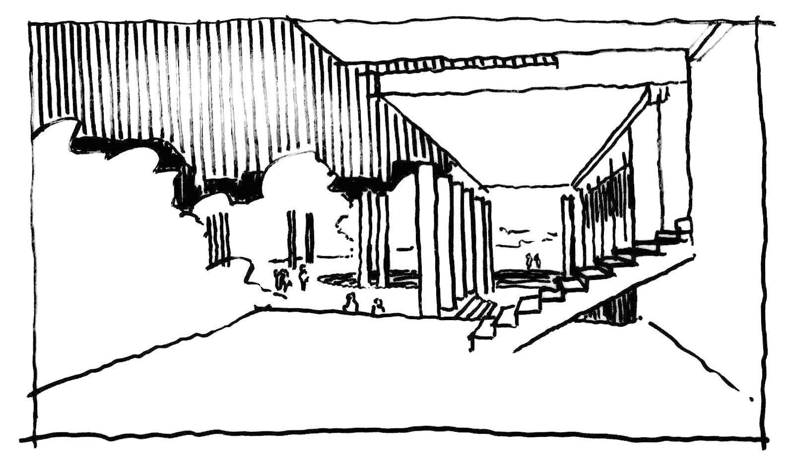 Black ink line drawing showing architectural interior with vertical striped ceiling, columns, and geometric perspective lines creating depth.