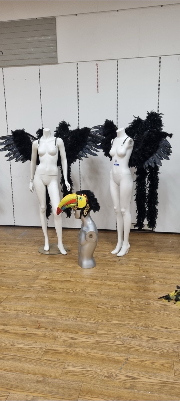 Contemporary black-feathered costumes on mannequins by Dora Voros.