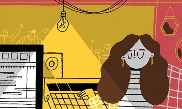 Illustration of a person typing on a keyboard with their eyes closed. The keyboard is lit by a lightbulb hanging from the ceiling.