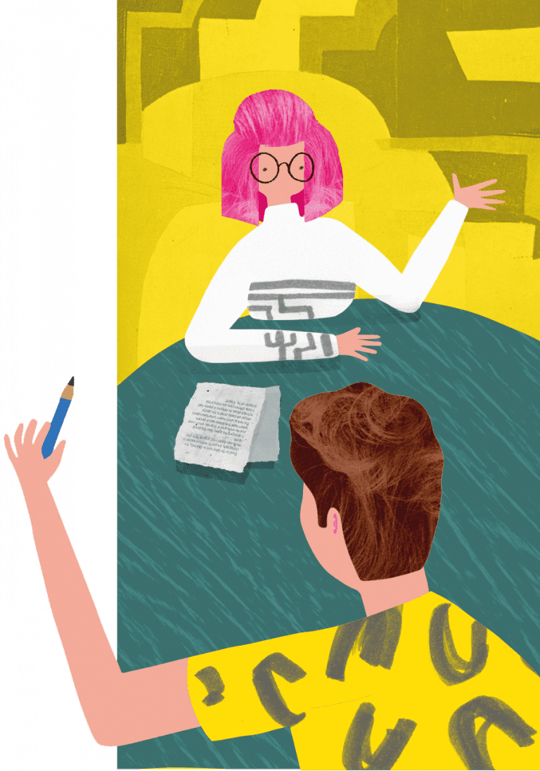 Illustration of a person with pink hair, glasses and a white top at one end of a table, and another person with a yellow top holding a pencil at the other end of the table.