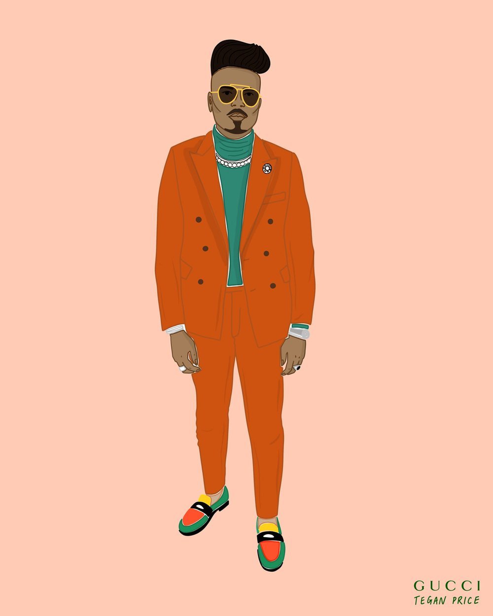 Illustration of a model stood wearing an orange suit and green top, light orange background.