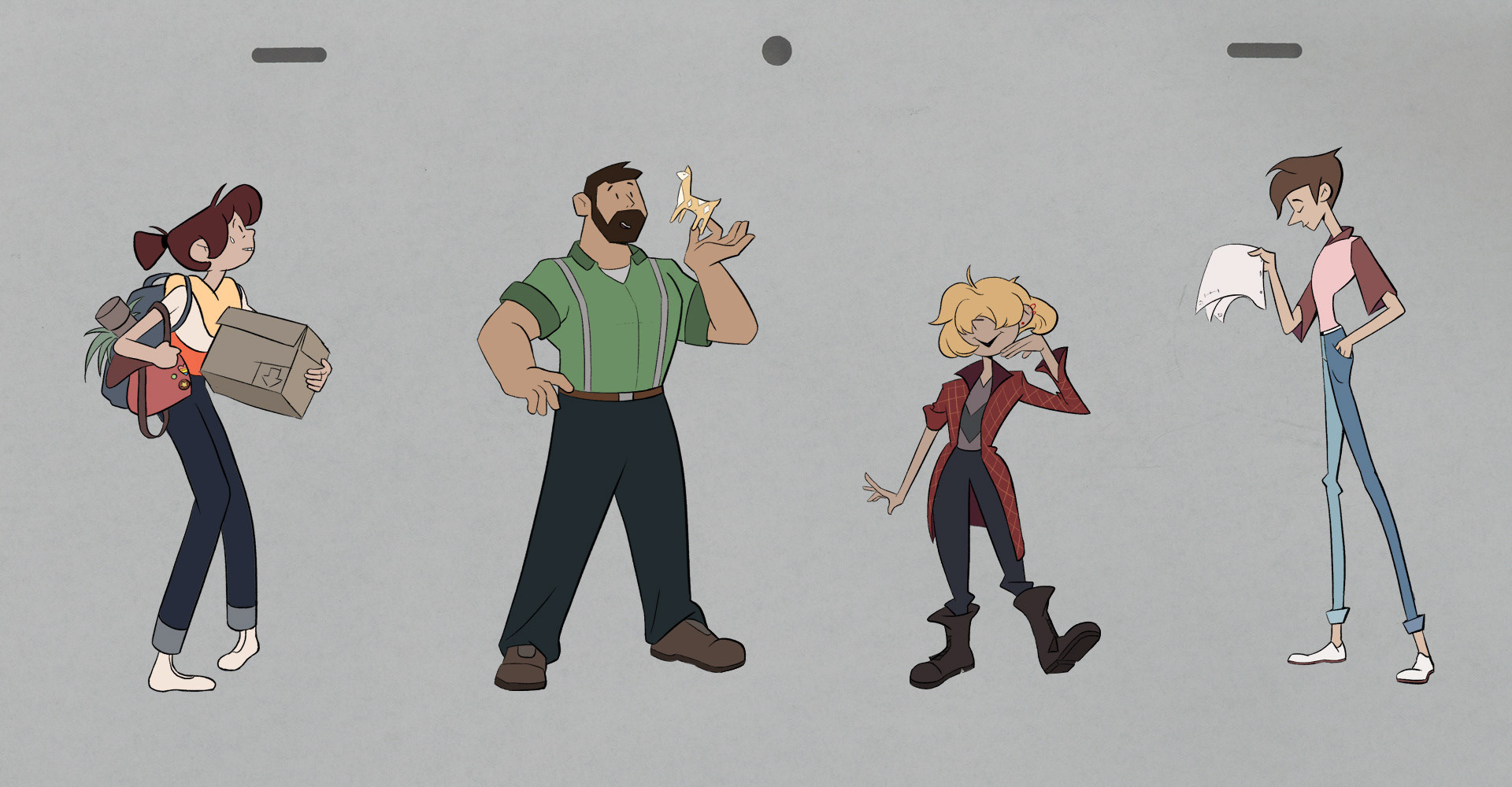 A row of four animated characters. One carrying a box with a bag over their shoulder. Second one holding up a toy giraffe in their hand. Third one has hair that hides their eyes and is pulling a pose. Fourth one is holding some pages and reading.