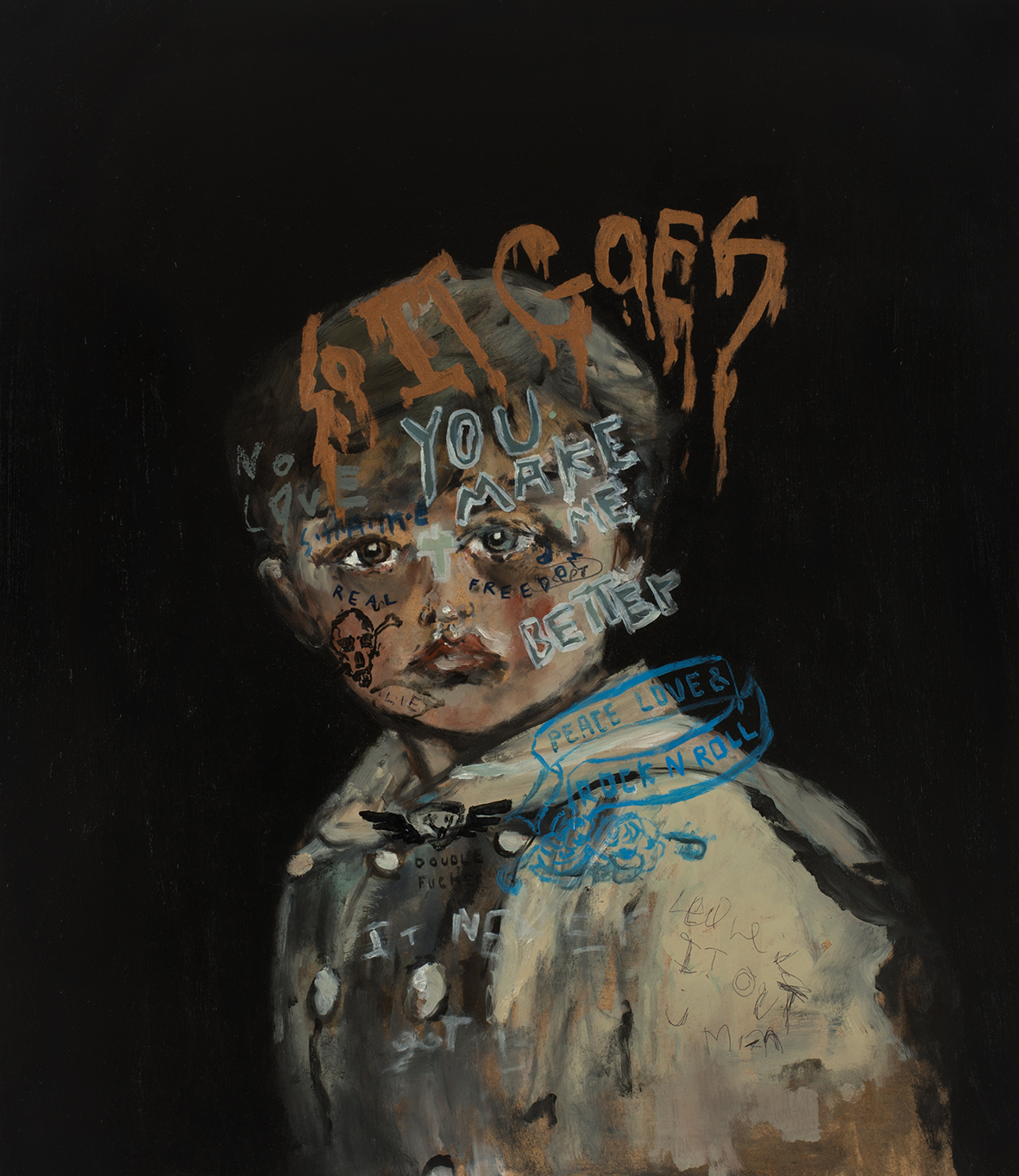 Portrait painting on black background featuring child with text overlaid on face and clothing in orange, blue, and white colours.