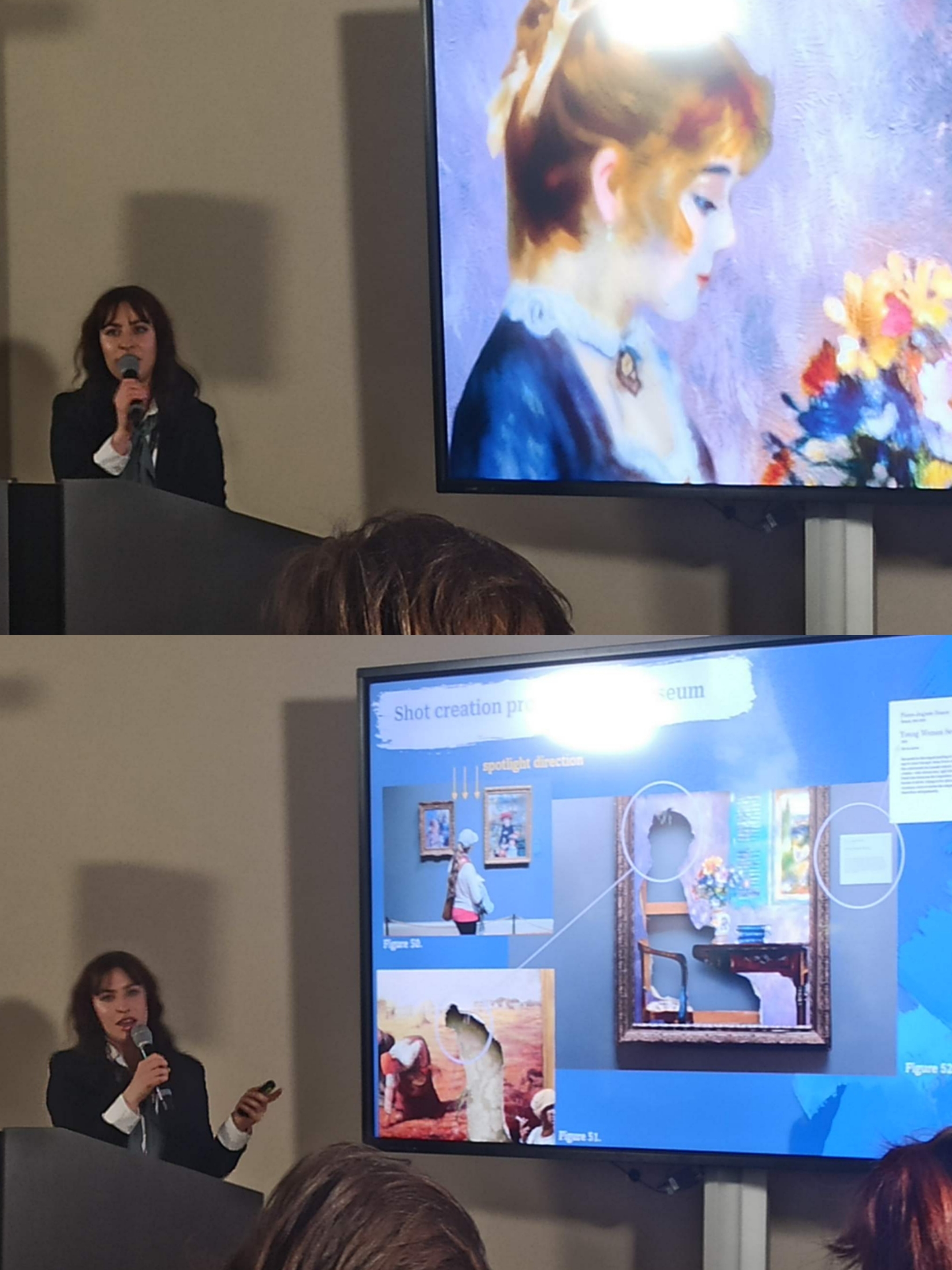 Oktawia presenting at FMX Stuttgart, two split images showing her presenting different slides on a big screen.