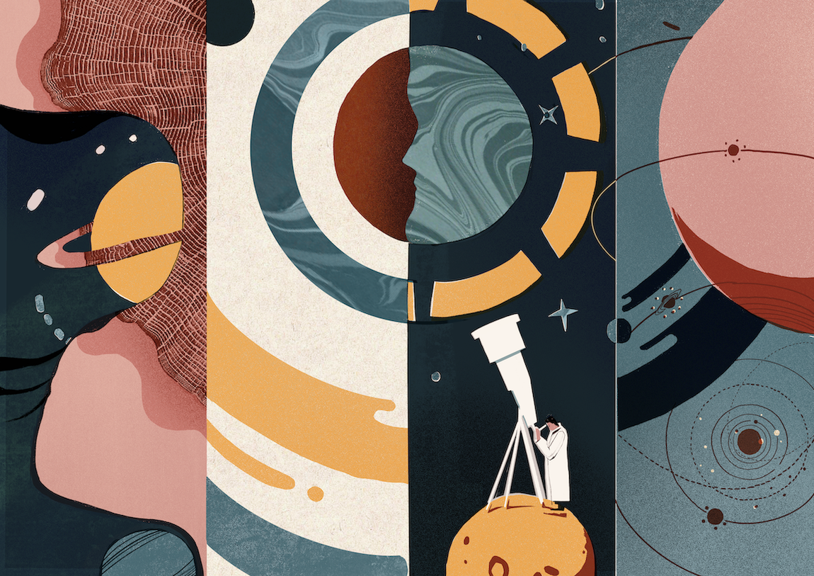 Abstract illustration with outer space theme, with planets and planetary rings. A person stands on a small planet peering into a large telescope, pointed upwards.