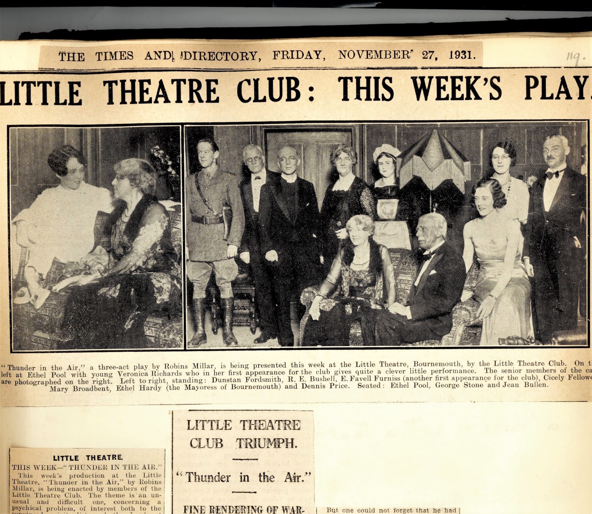 Newspaper clipping with two black and white photographs, one of two people sitting on a sofa, the other of a large group of performers in costume. The words "Little Theatre Club: This week's play" appear along the top.