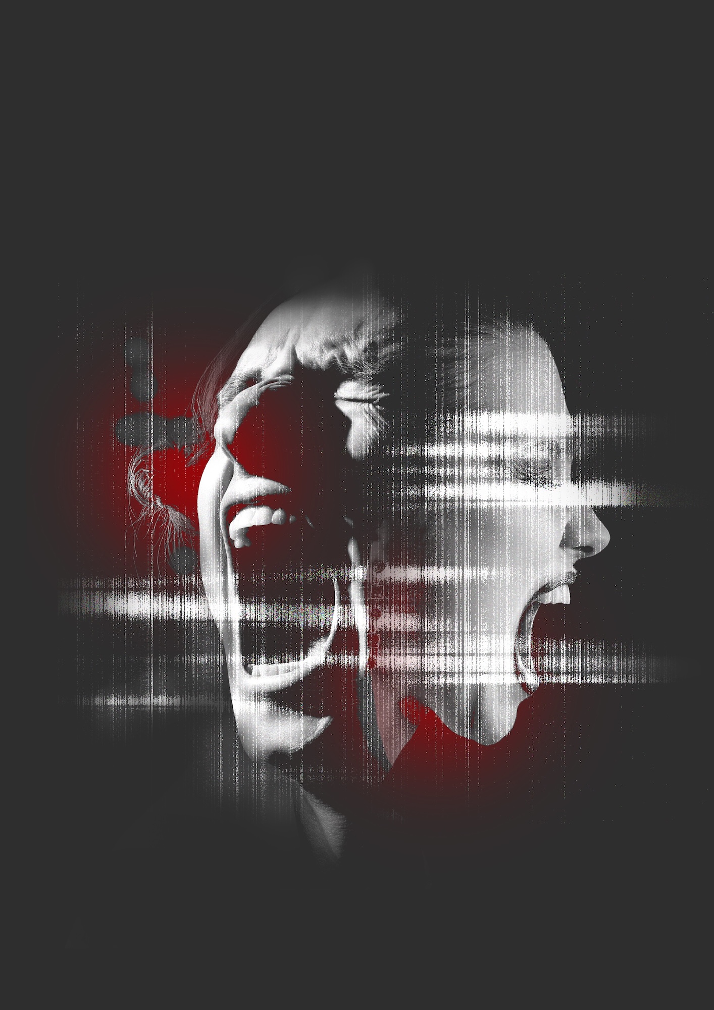 A monochrome double exposure of a person screaming, with red glitch-like streaks across a dark background.
