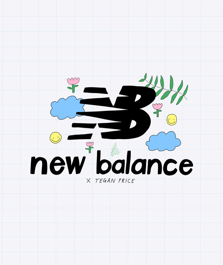 Illustration of the New Balance logo with colourful clouds, flowers, foliage and yellow smiley faces.