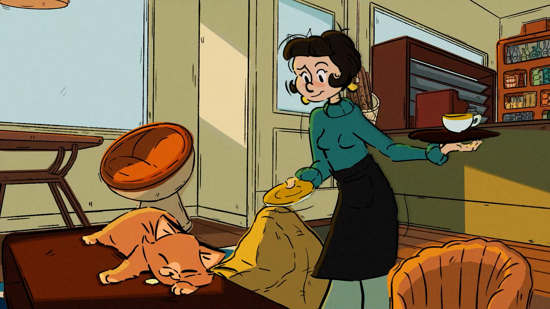 Animation still of a woman in a cafe looking at a sleeping ginger cat.
