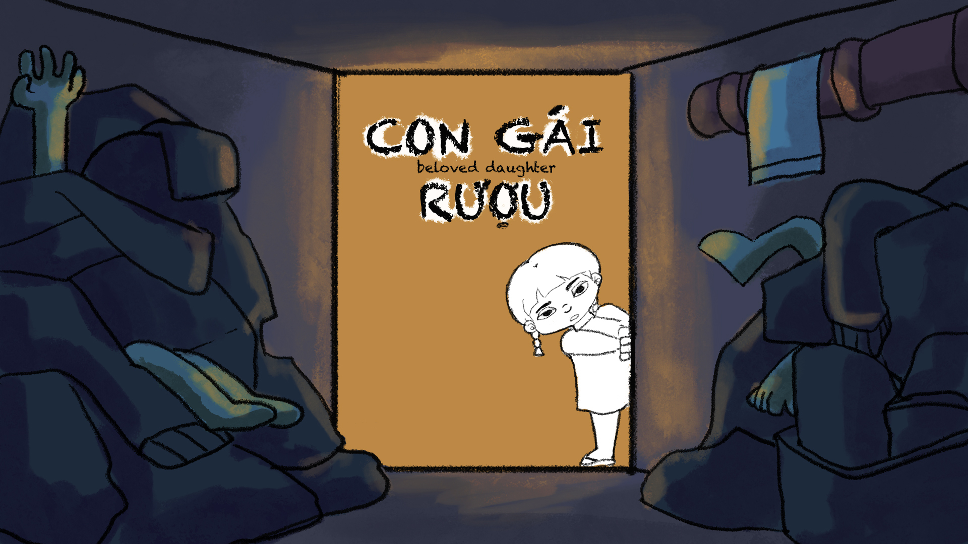 Cartoon illustration showing small white figure in doorway with orange background and Vietnamese text, flanked by dark piled-up items..