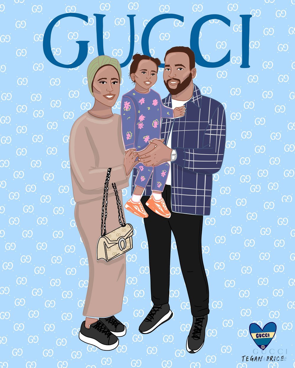 Illustration of a family holding a young girl on a light blue Gucci background, logo above in darker blue.