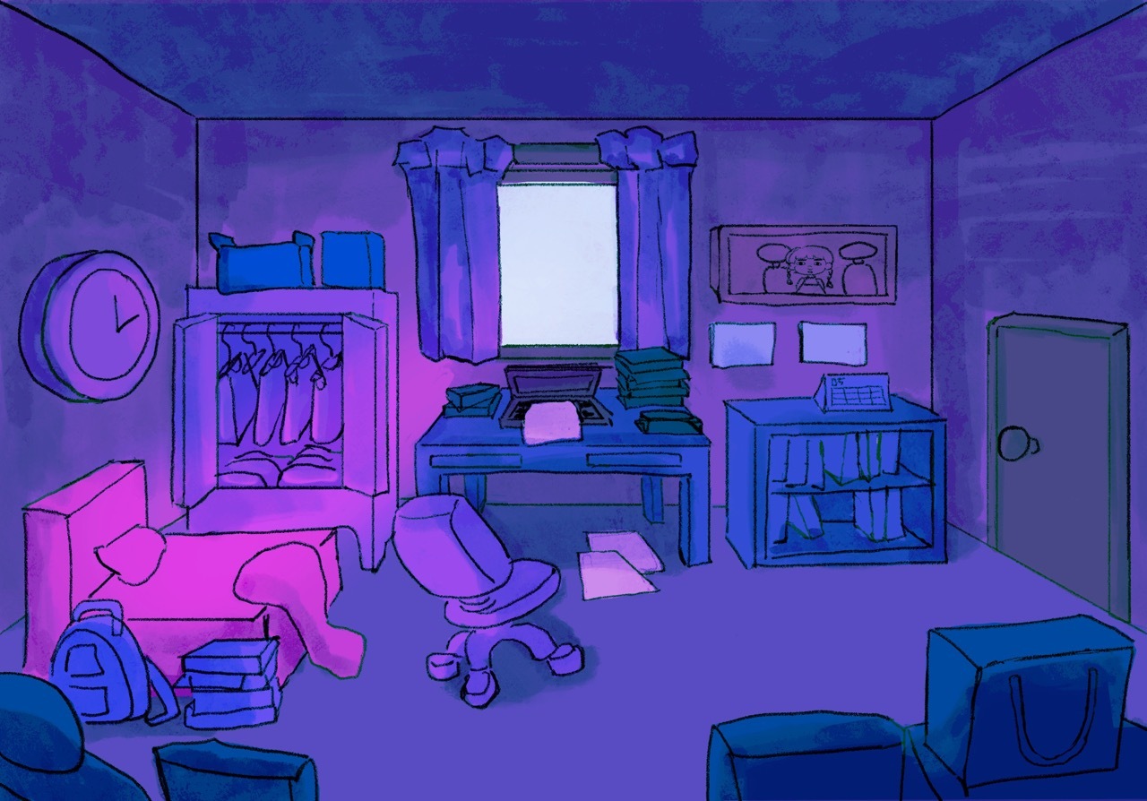 Illustrated bedroom interior with purple and blue colour scheme. Desk, chair, wardrobe, bed, clock, window with curtains, and various furniture arranged in perspective view.