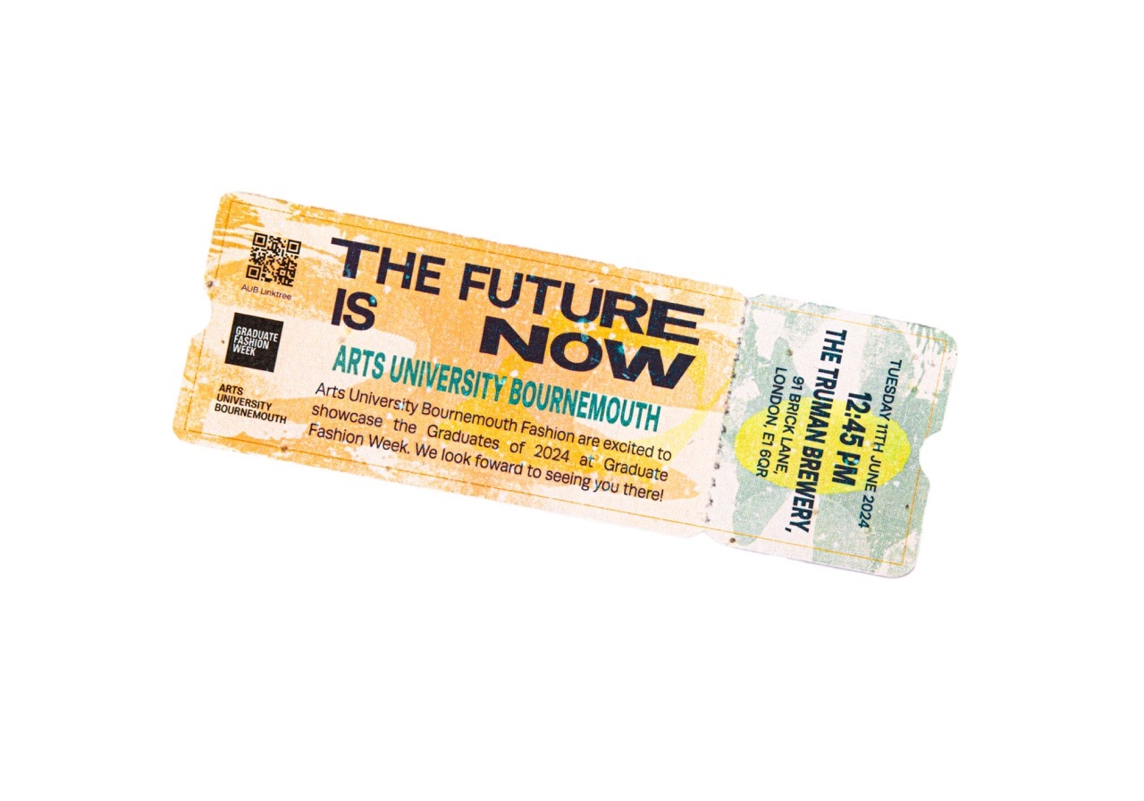Ticket for an AUB fashion event designed by Maddie Rondel, title reads 'The Future Is Now', white background.