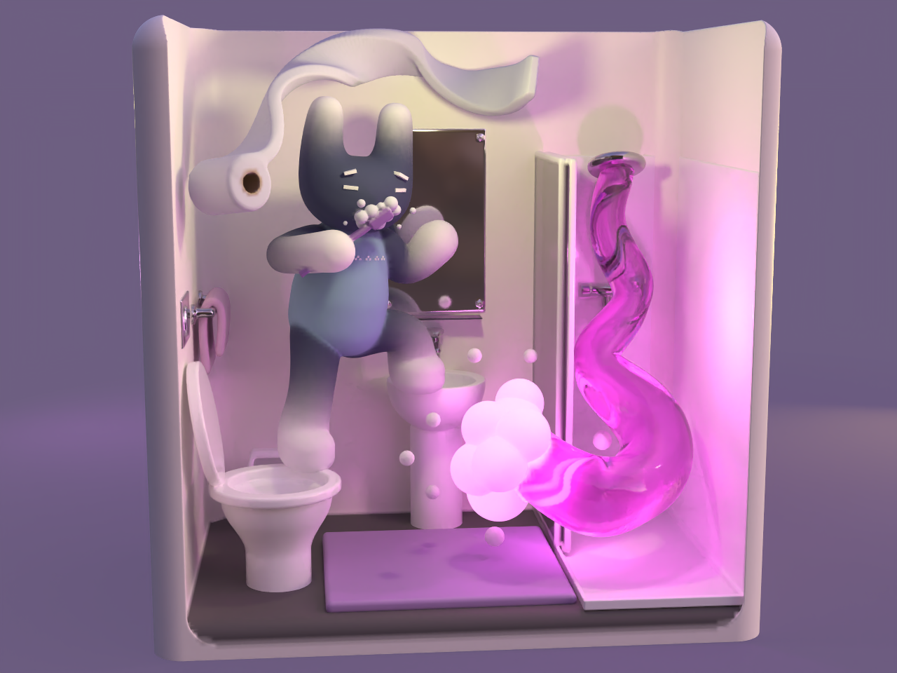 3D render of AUB Accommodation bathroom with a bunny character, floating objects and purple glowing, purple background.