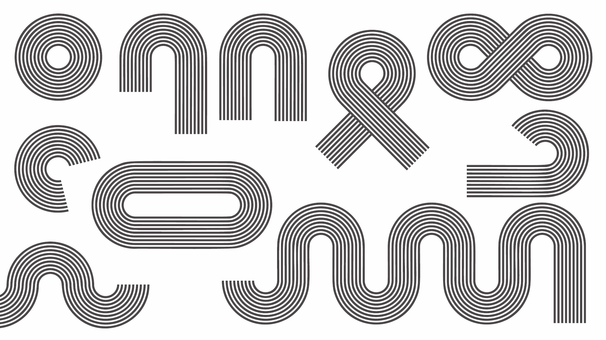Several abstract shapes and symbols in a multi-lined Bauhaus style arranged on a white background.