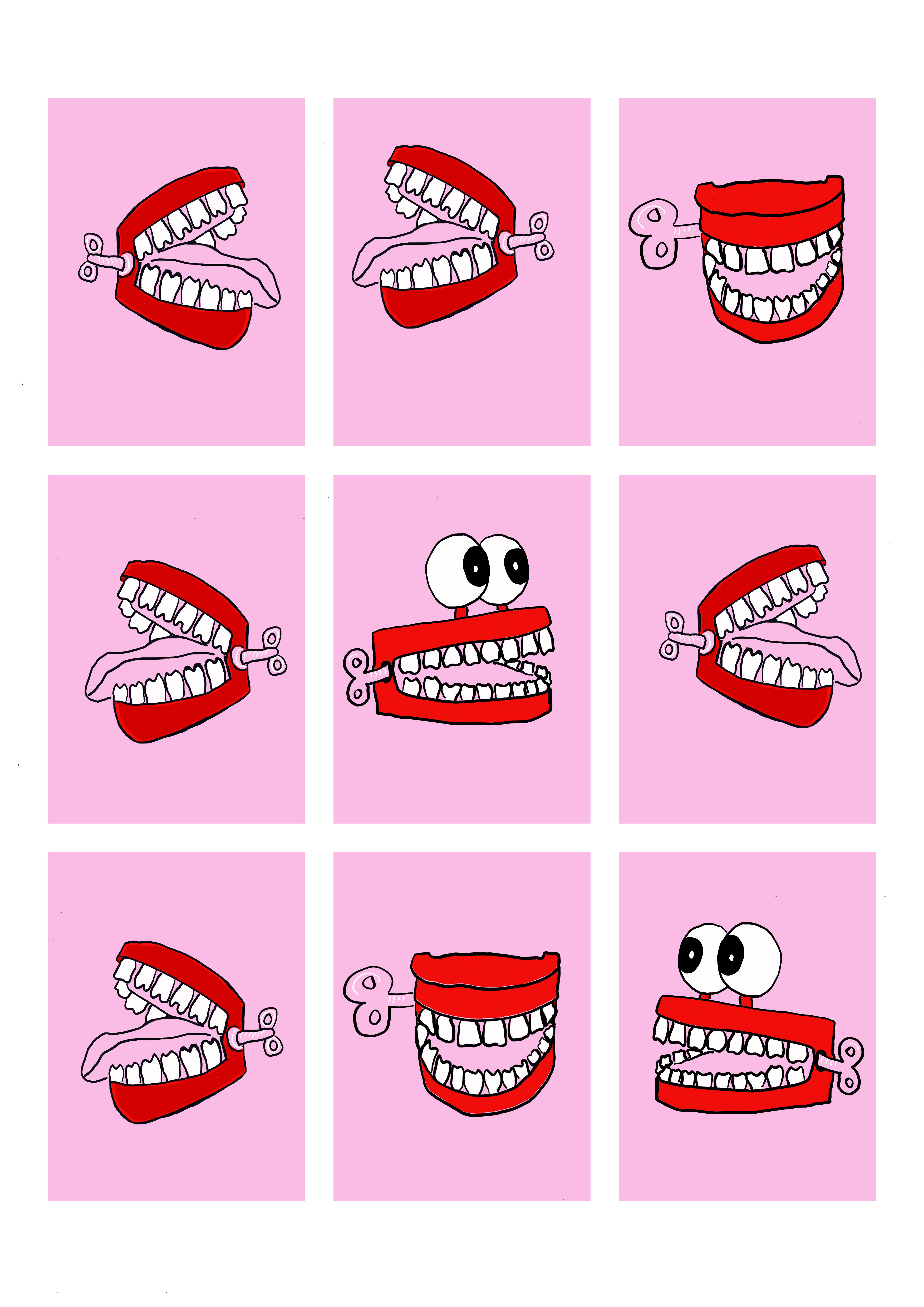Series of nine digital prints with pink background, wind up mouth with teeth in each in different positions, some with eyes.