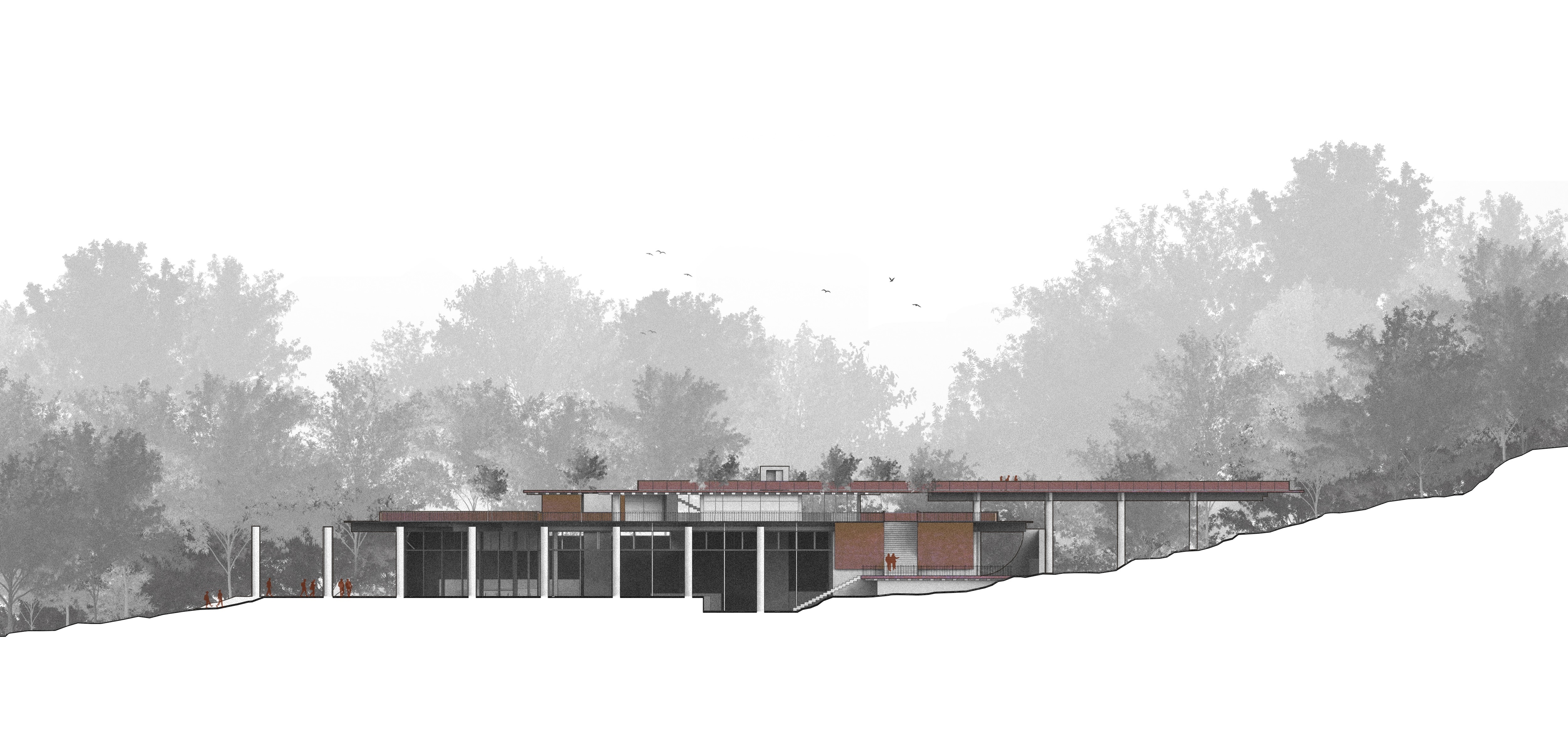Modern glass and timber building with flat roof set against grey watercolour trees on white sloped ground.