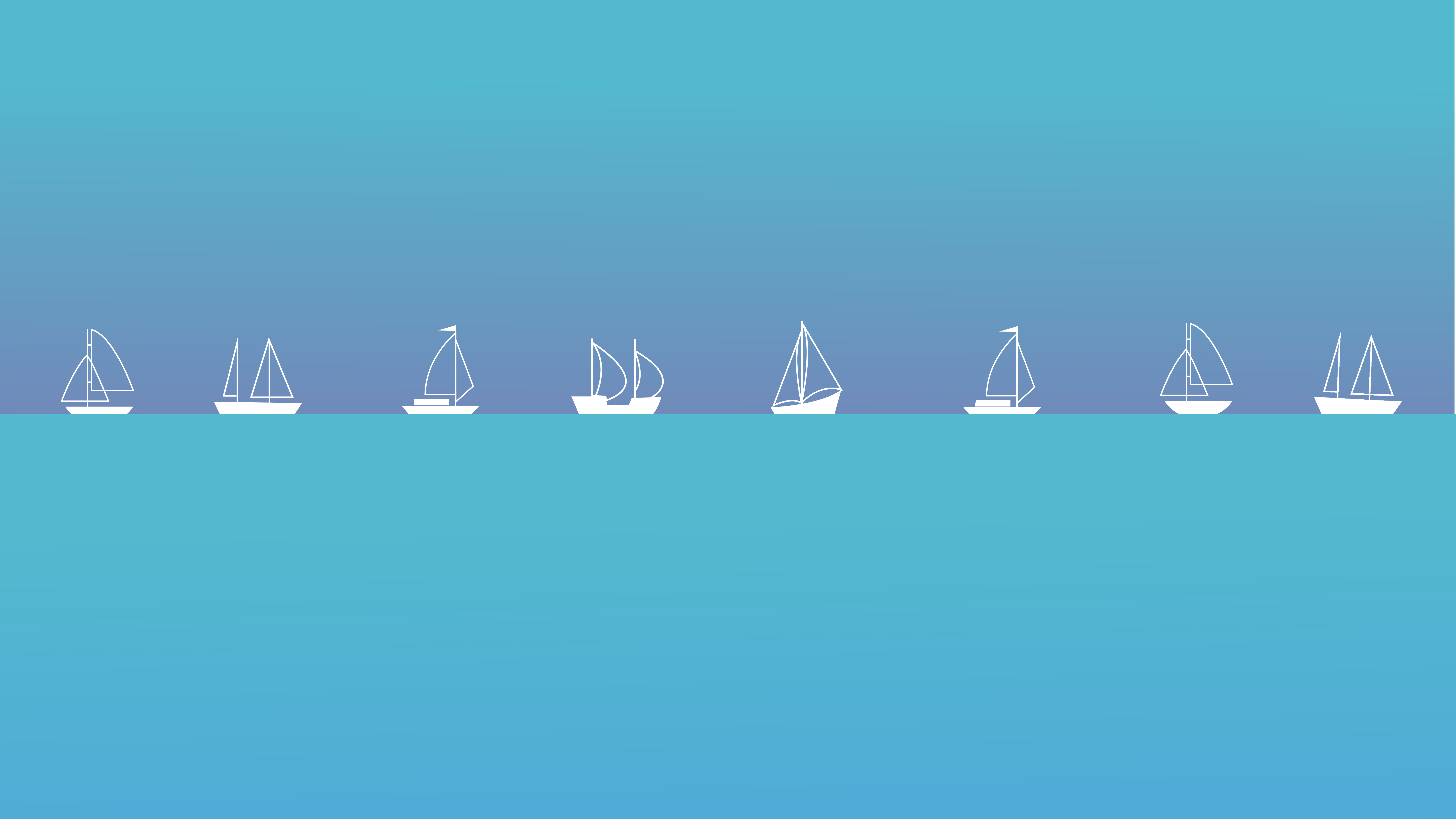 A row of boats sailing on a horizon.
