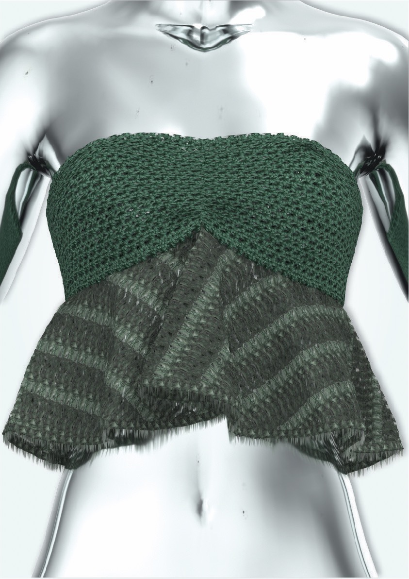 Crocheted dress piece, dark greens, on a metal mannequin.
