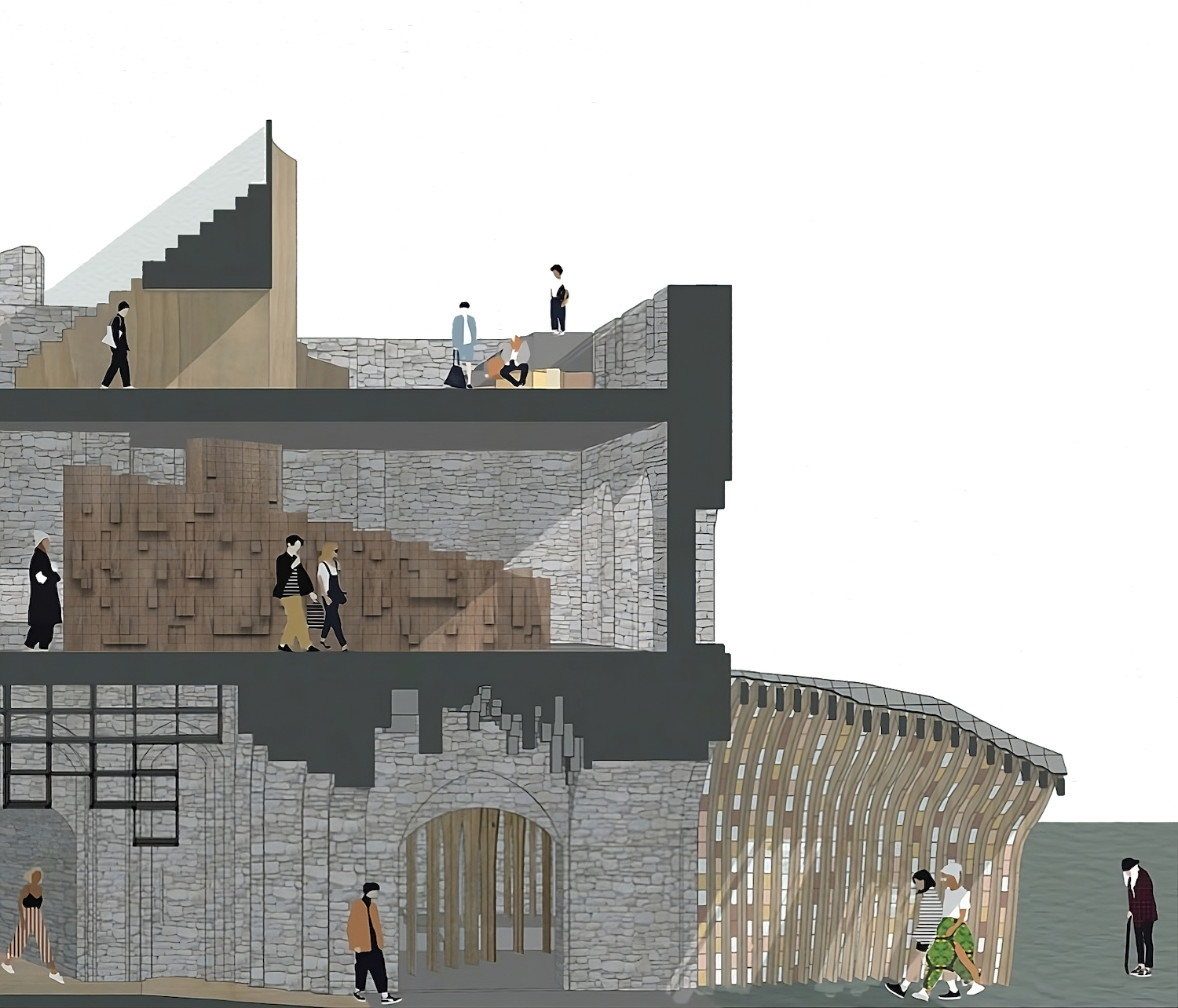 Concept illustration of a three-storey building, with people shown walking on every floor and into the building from outside.