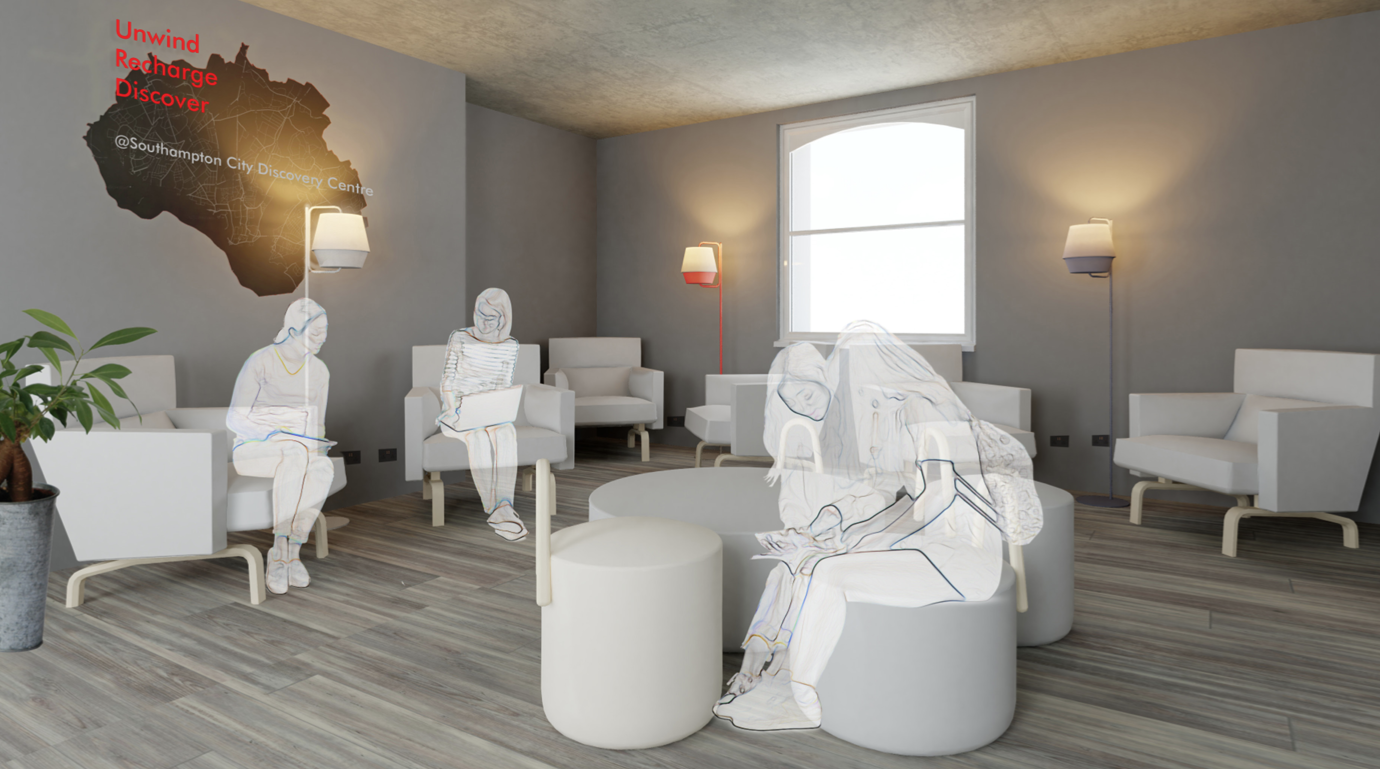 Mock-up of a seating area with drawings of people sitting in chairs superimposed.