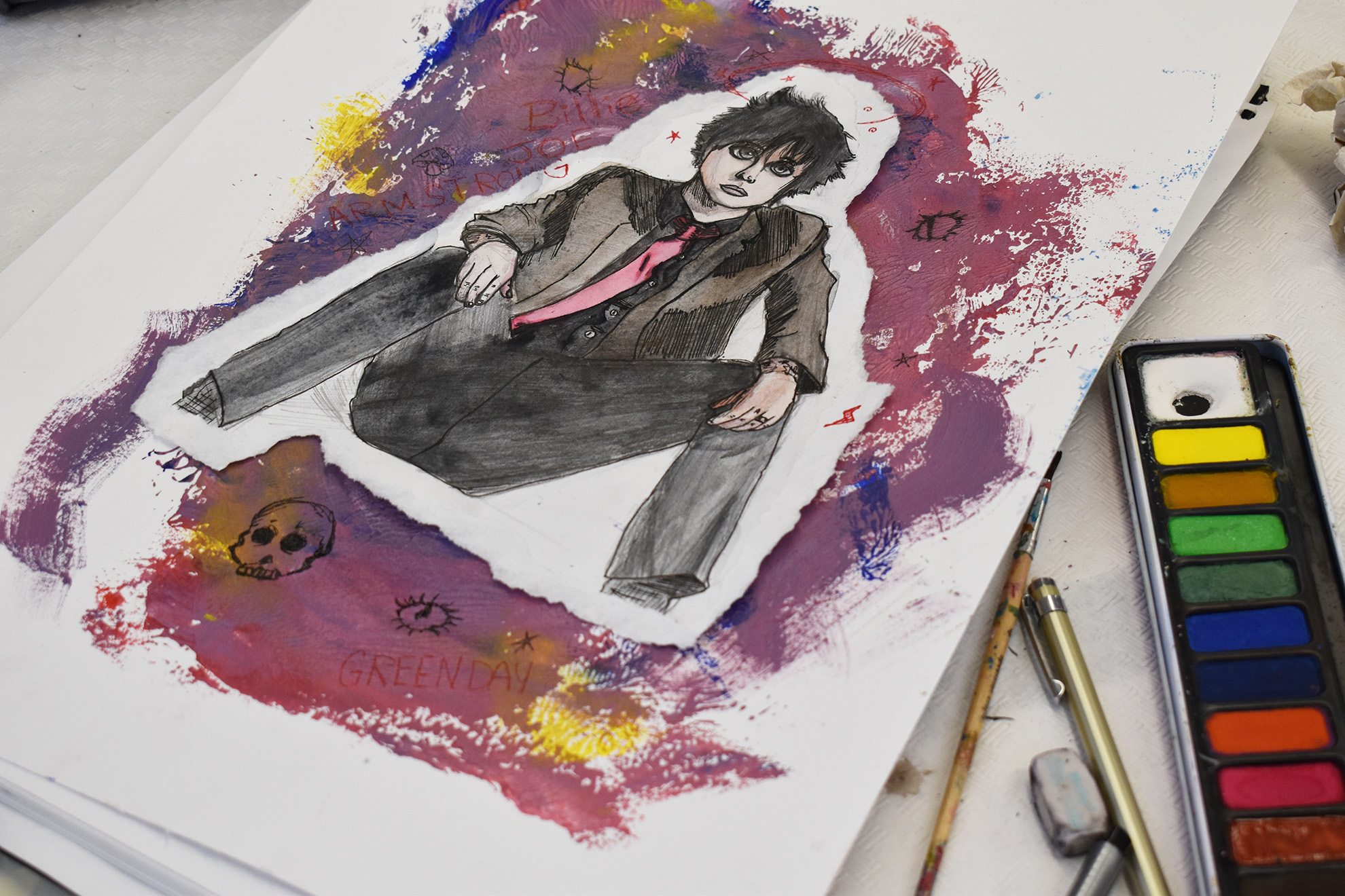 A watercolour painting of a person wearing a suit