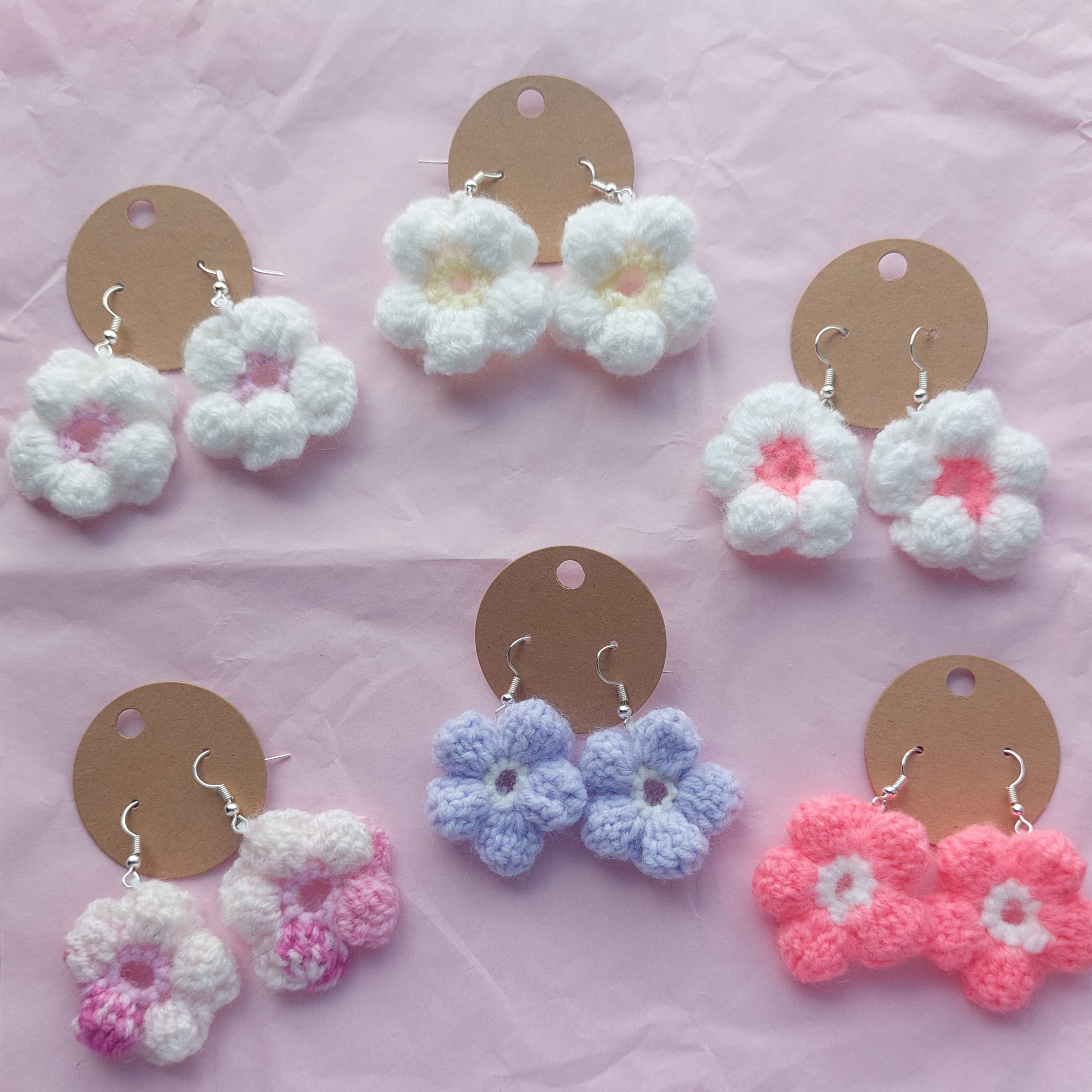 Six pairs of crochet flower earrings