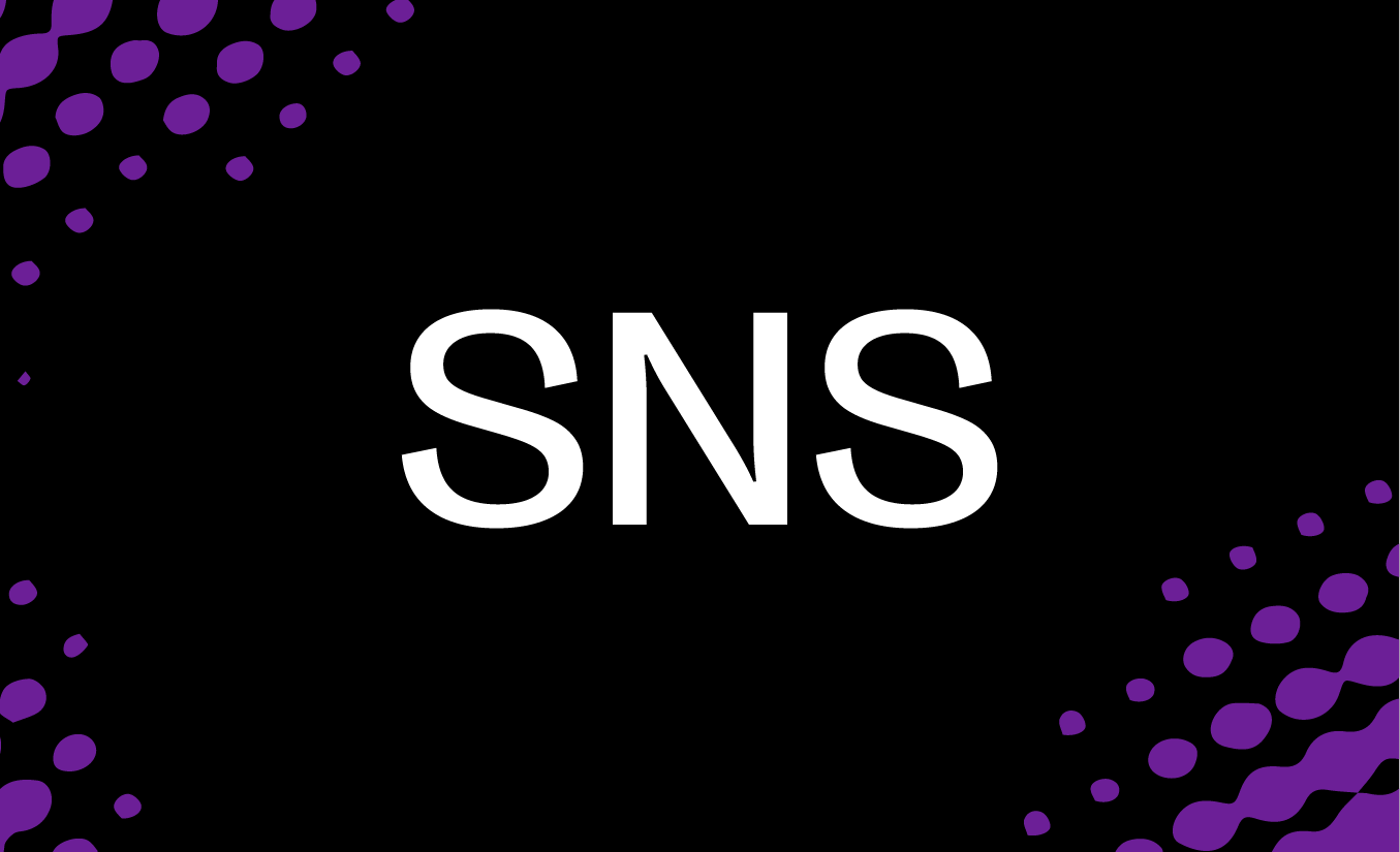 Black and purple banner with the white text "SNS" in the centre.