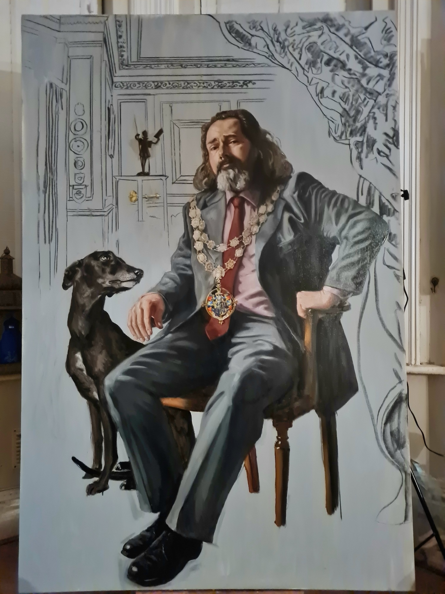Full-length colour portrait of Mayor G Farquhar sitting in a chair next to a dog. The background of the portrait is a line drawing only.