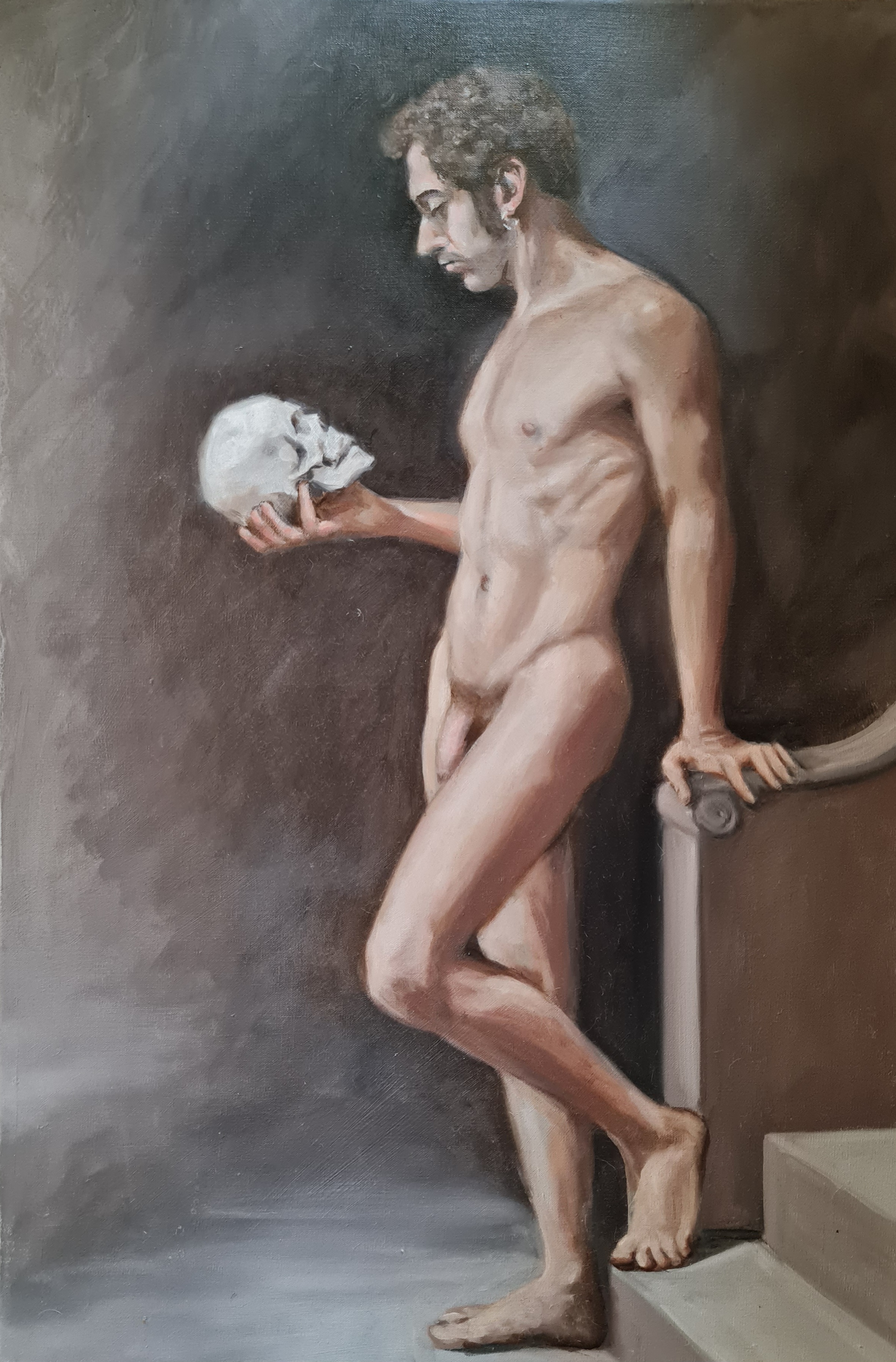 Classical oil painting of nude male figure holding white skull, standing against grey-brown background with stone ledge.