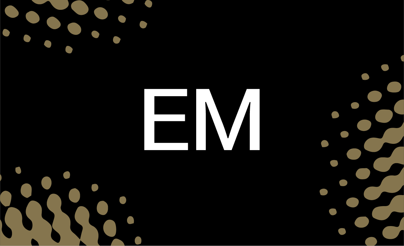 White letters "EM" centred on black background with scattered circular dots in gold tones in corners.