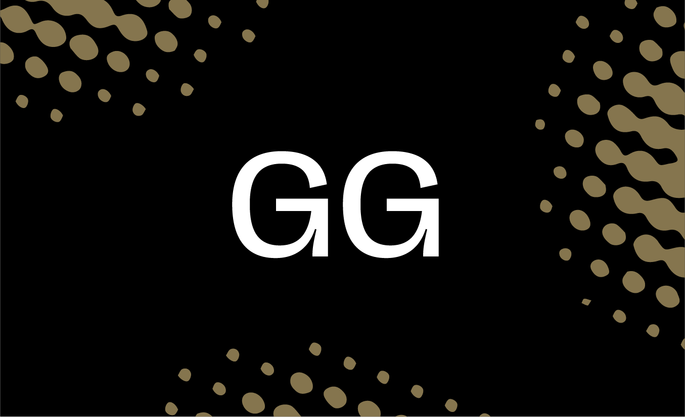 White letters "GG" centred on black background with scattered gold and yellow circular dots forming decorative patterns in corners.