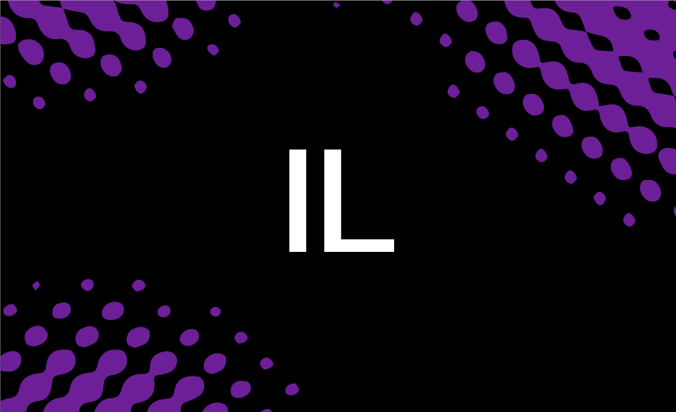 White "IL" letters centred on black background with purple hexagonal patterns in corners creating geometric border design.