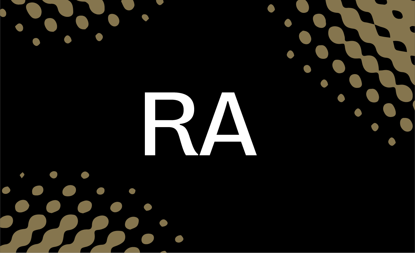 White "RA" letters centred on black background with gold and beige circular dots scattered around corners and edges.
