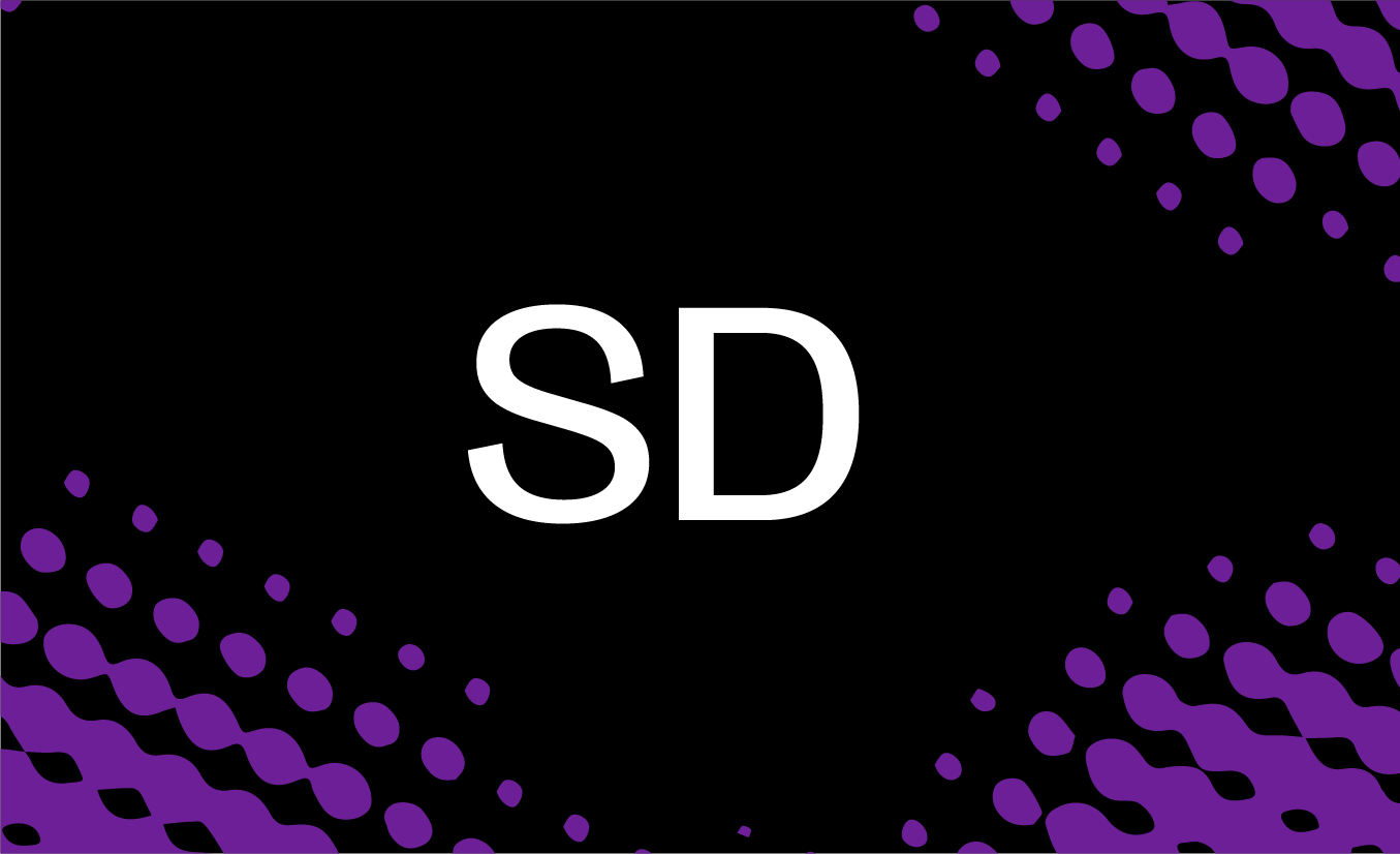 White letters "SD" centred on black background with purple dotted pattern in corners forming curved design elements.