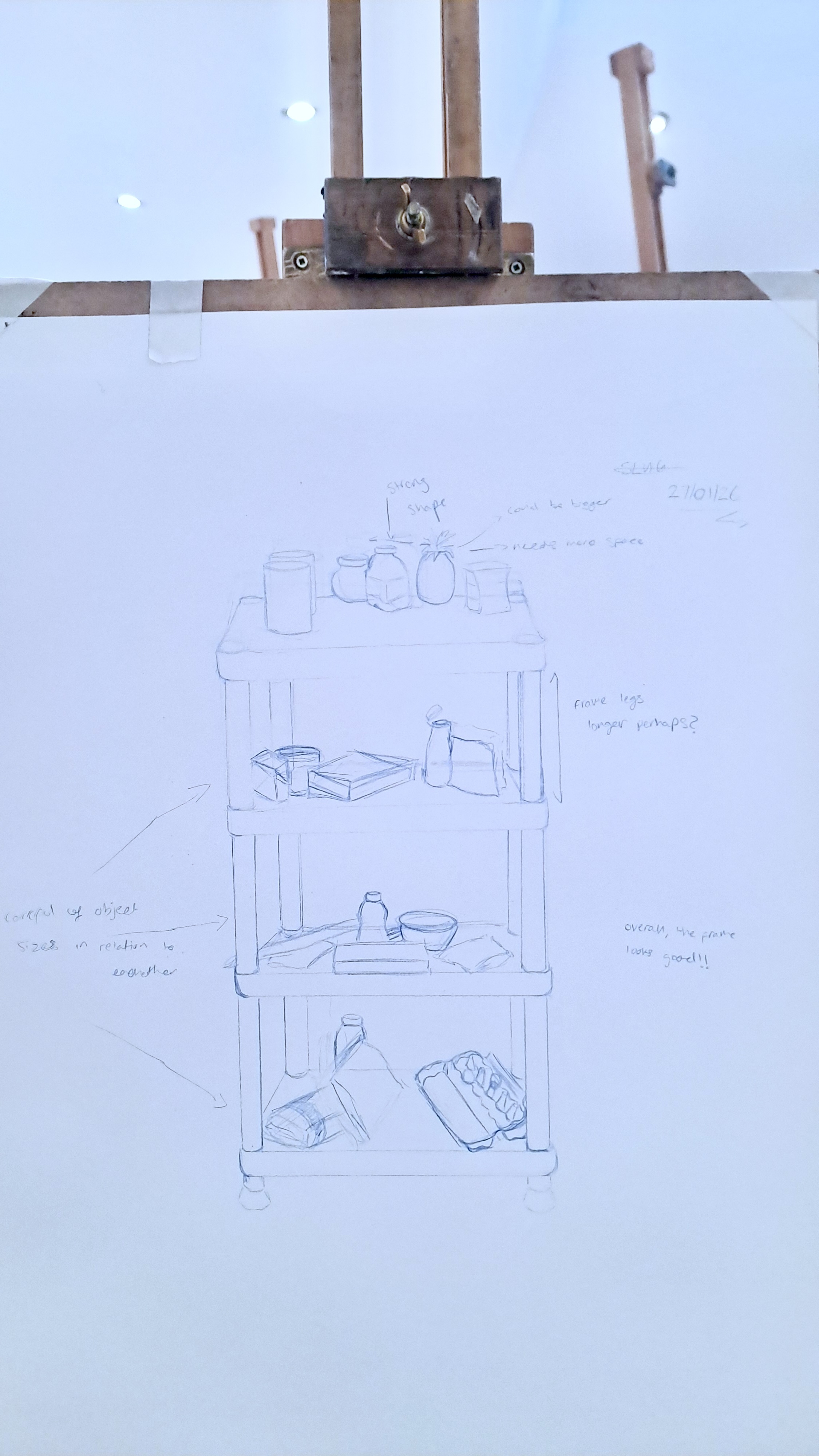 A pencil sketch of a three-shelf storage unit with bottles, books and small containers, clipped to a drawing board against a white background.