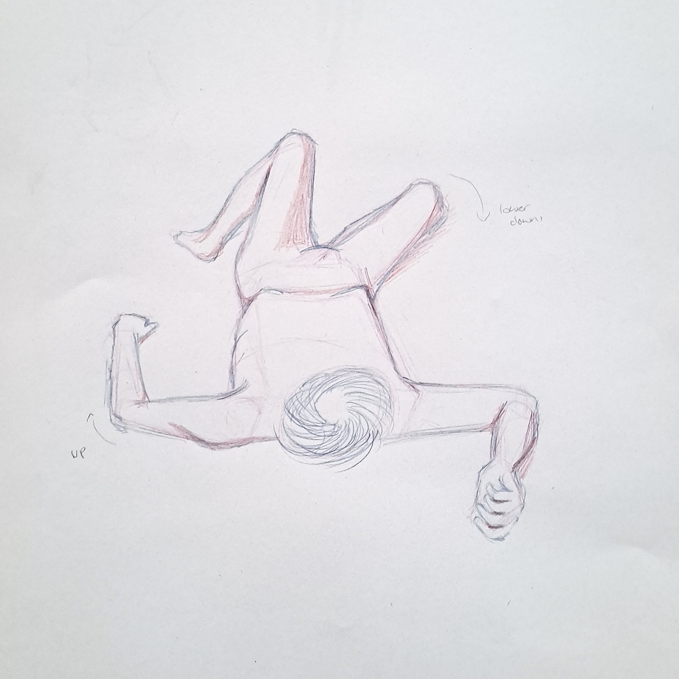 A pencil sketch of a person lying on their back with arms and legs bent, drawn on white paper.