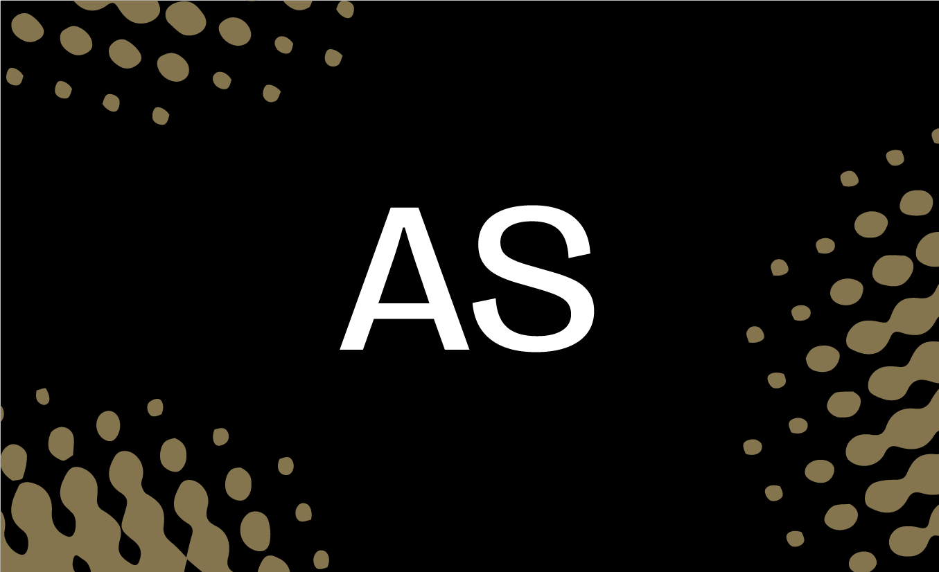 Black tile with gold pixellated effect and the letters AS in white in the centre.