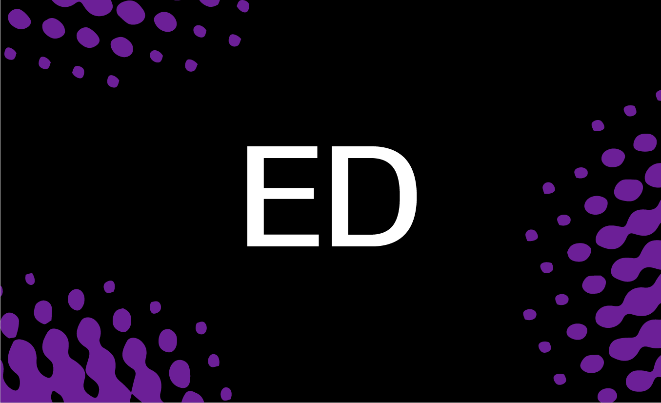 Black tile with purple pixellated effect and the letters ED in white in the centre.