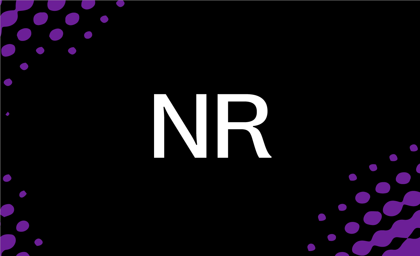 Black tile with purple pixellated effect and the letters NR in white in the centre.