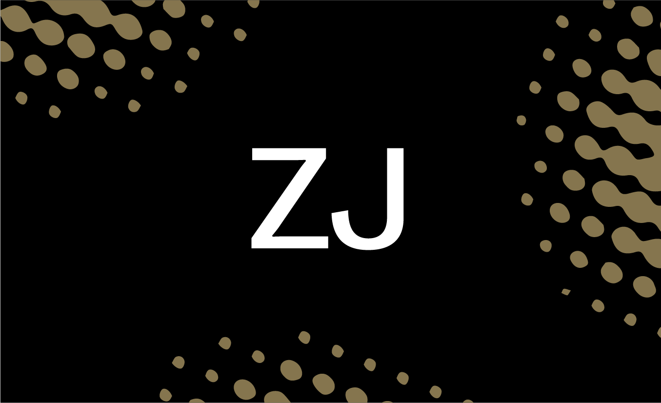 Black tile with gold pixellated effect and the letters ZJ in white in the centre.