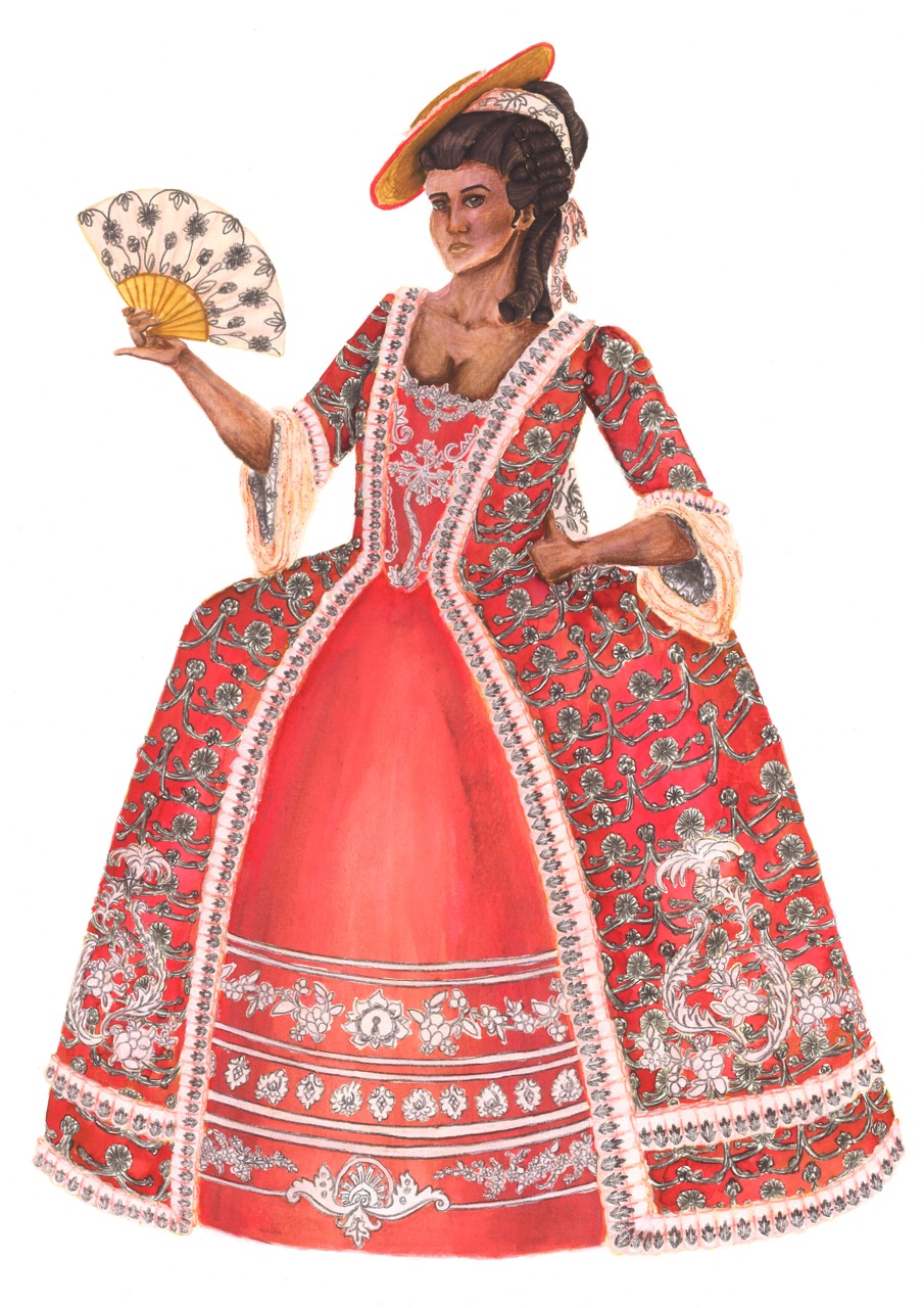A woman figurine in a red patterned dress and matching coat holds a decorative fan, with a hat and lace details against a plain white background.