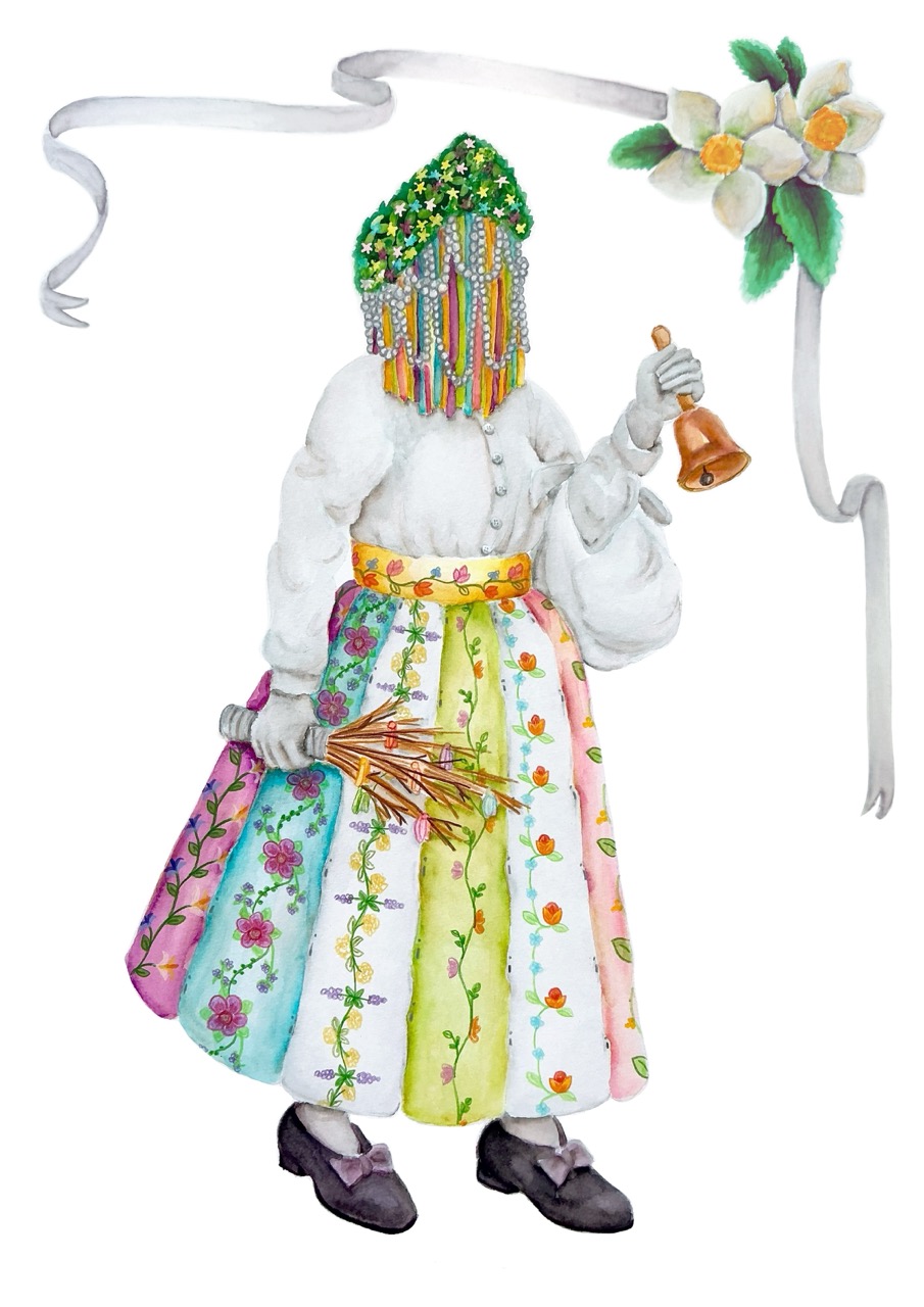 An illustration of a figure in a floral patchwork skirt and white blouse holding a small bell, with a ribbon and flowers above against a white background.