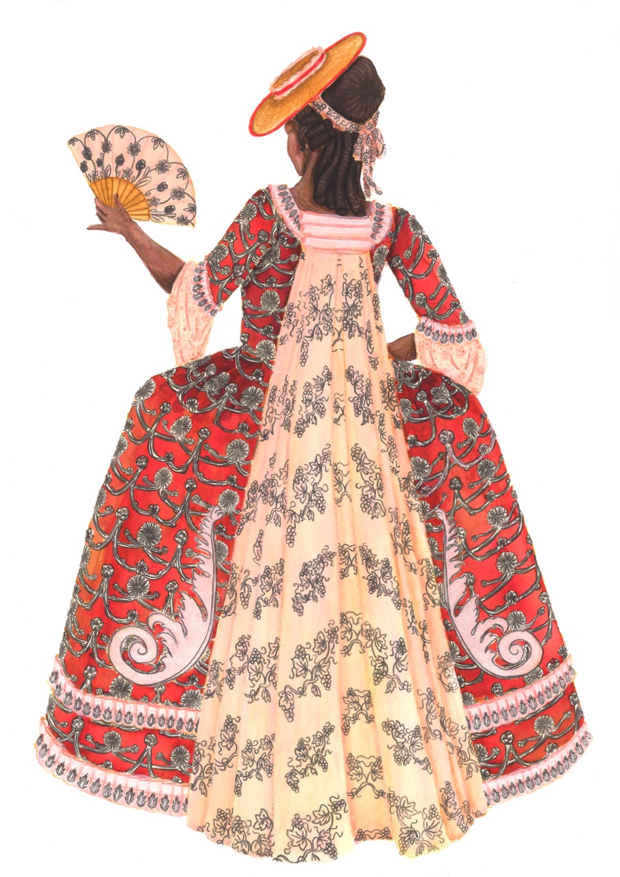 A woman in a red and cream traditional dress holds a patterned fan, with a wide-brimmed hat and lace-trimmed sleeves against a white background.