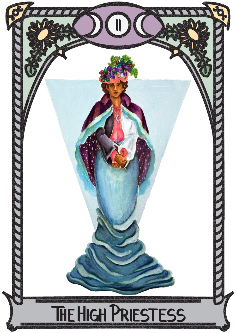 An illustrated tarot card titled The High Priestess showing a robed figure with a flower crown standing centrally within an ornate black border.