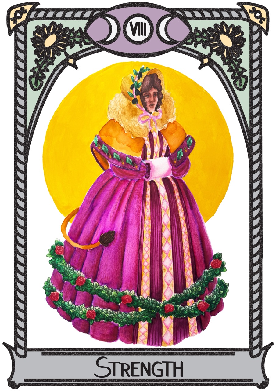 An illustrated tarot card titled Strength showing a woman in a purple dress and striped robe, framed by an ornate border with the Roman numeral VIII and a yellow background circle.