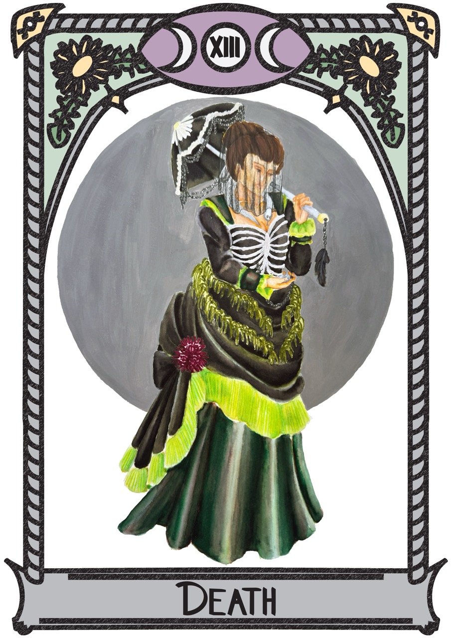 An illustrated tarot card labelled ‘DEATH’ showing a woman in a black and green dress with a skeleton bodice, framed by ornate decorative borders and the Roman numeral XIII.